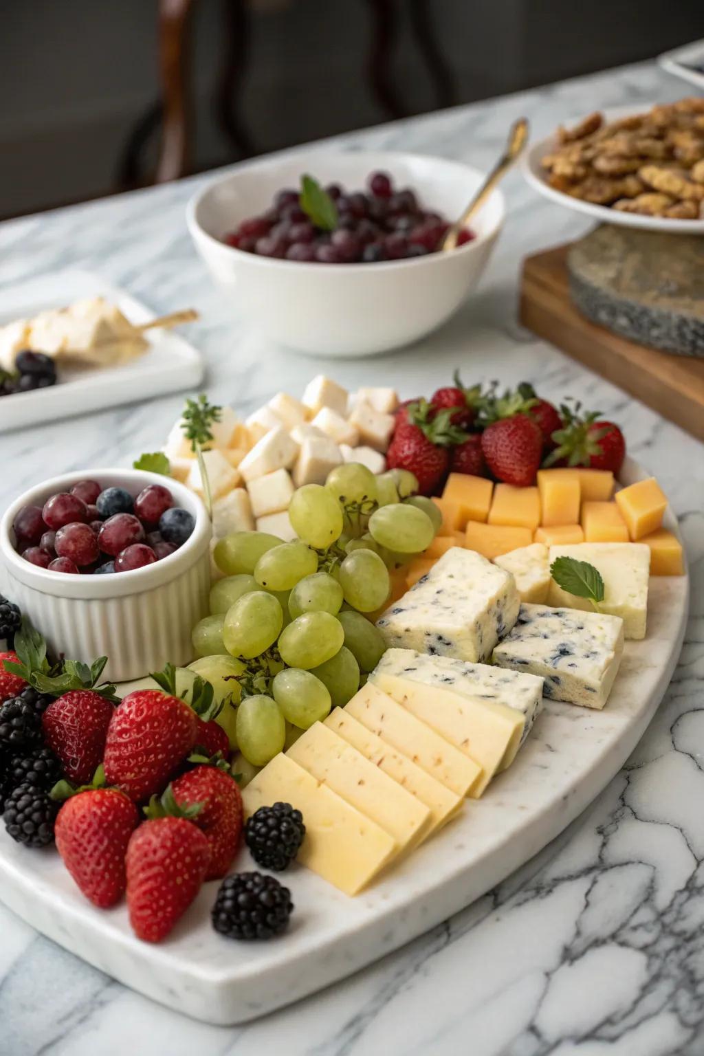 A stunningly arranged cheese and fruit platter to enhance your coffee hour.