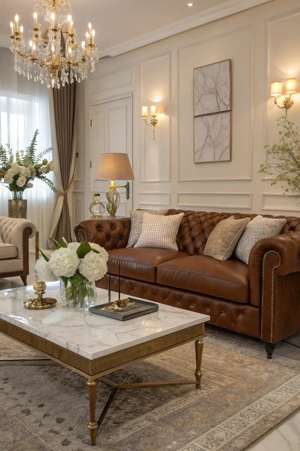 Marble and leather offer an inviting and elegant atmosphere.