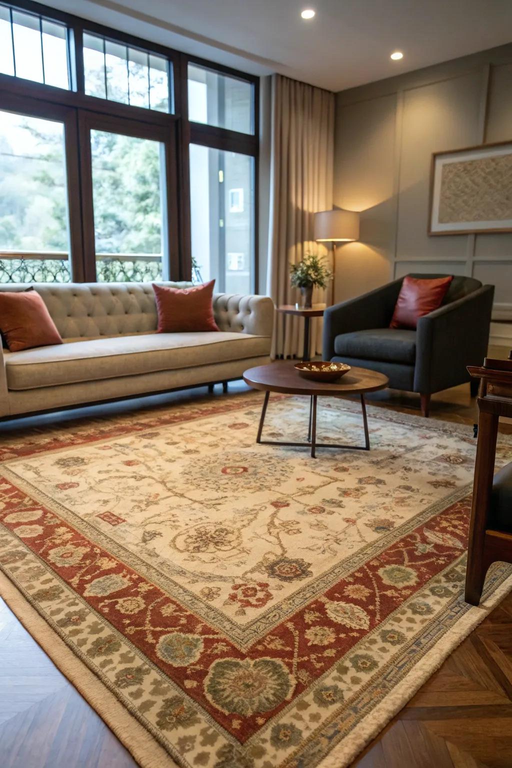 A retro-inspired floor covering bringing warmth and charm to a modern living room.