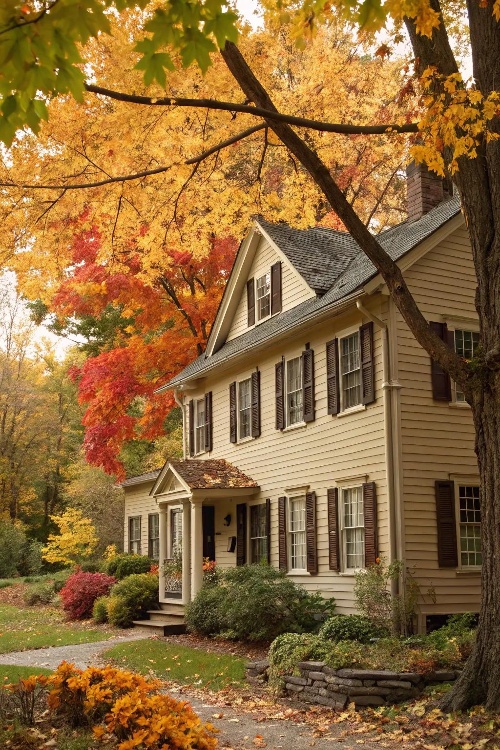 A colonial home in inviting earthy tones, enhanced by the splendor of an autumnal backdrop.