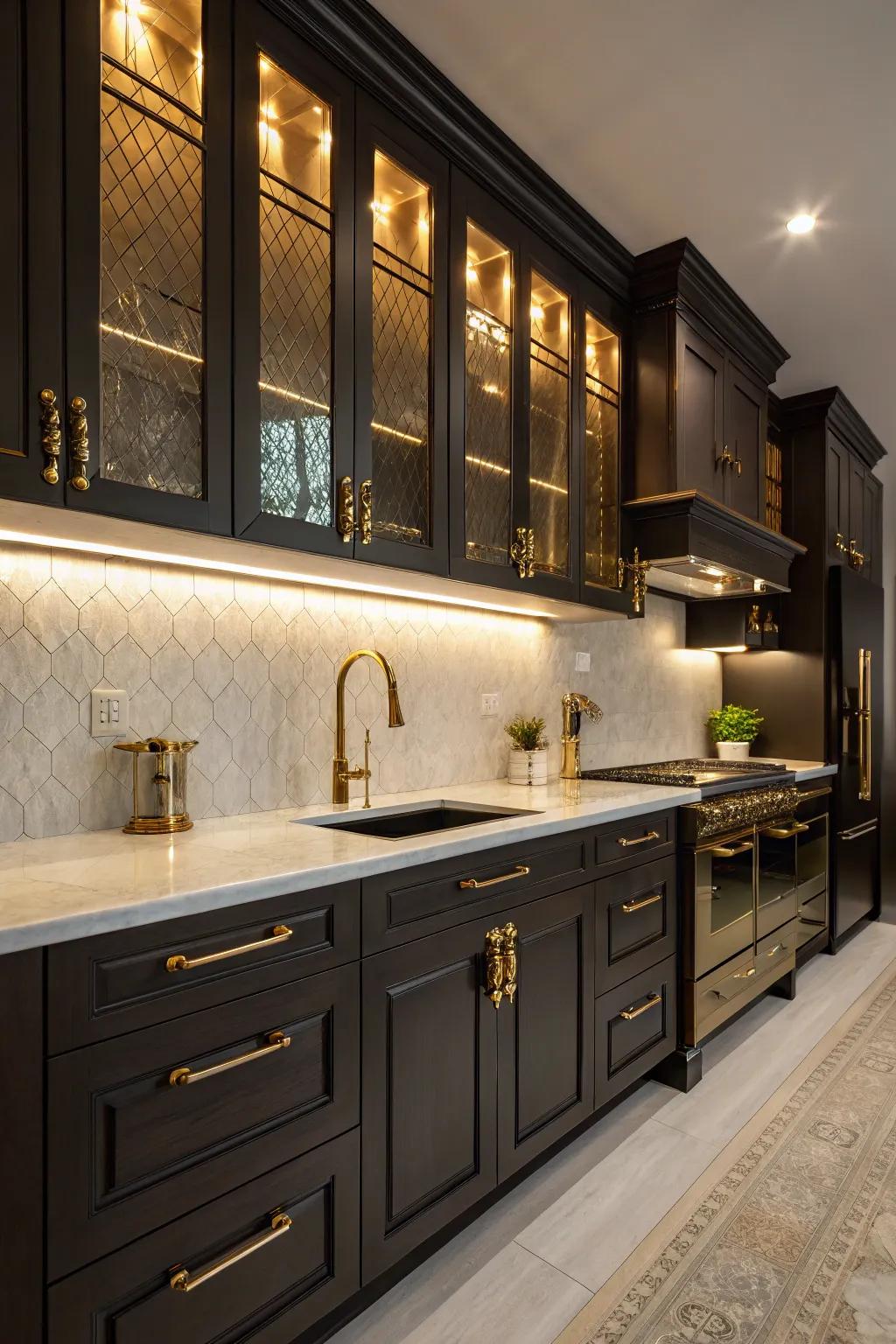 Dark cabinets matched with gold details bring a luxurious feel to the kitchen.