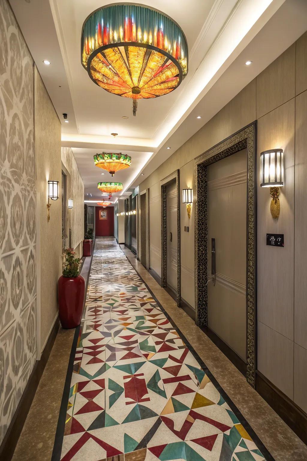 Geometric tiles or colorful carpets can transform your hallway floor.