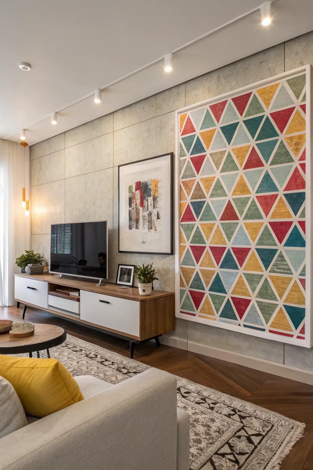 Geometric design poster enriching a living room with modern charm.