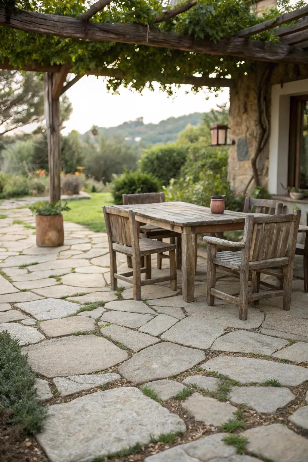 Capture a rustic sensation with fieldstone-esque ground covers.