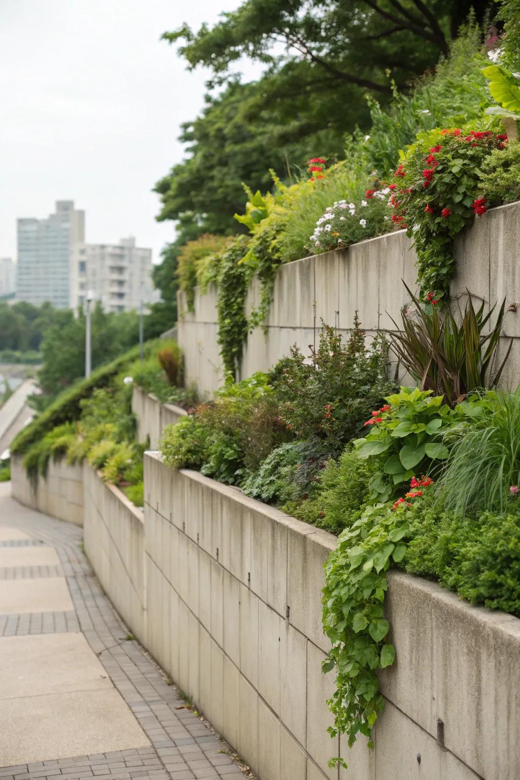 Integrated gardens transform retaining structures into abundant verdant exhibits.