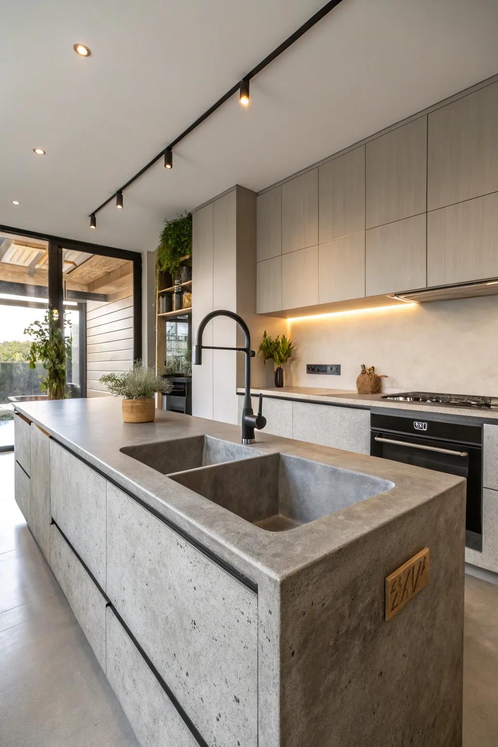 Concrete basin integrated into a contemporary kitchen worktop.