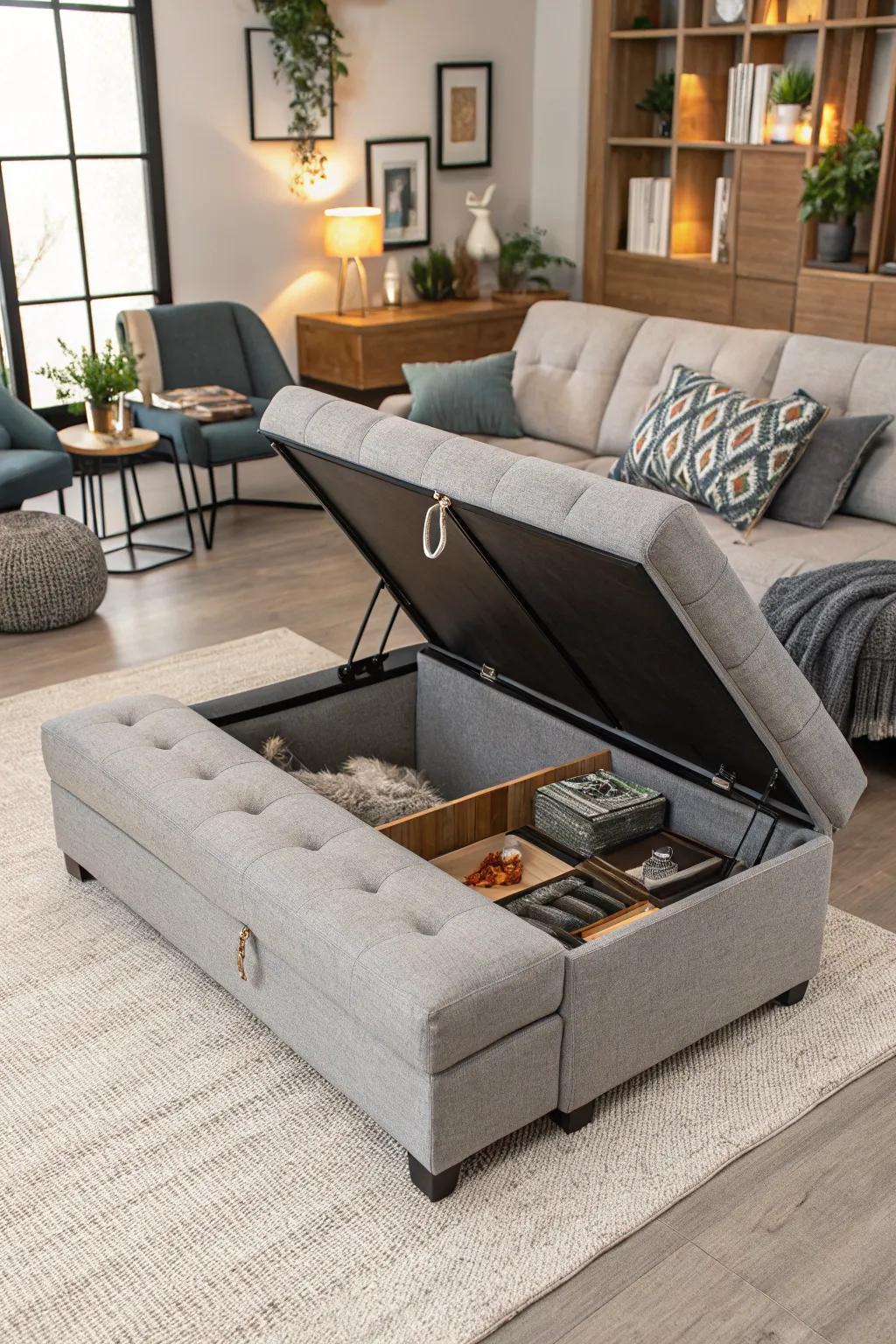 Clever furniture selections in a fashionable condo living room.