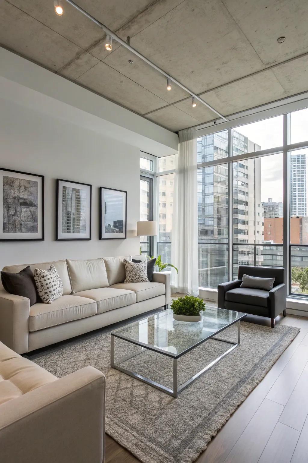 A modern condo living room with chic furniture and minimalist décor.