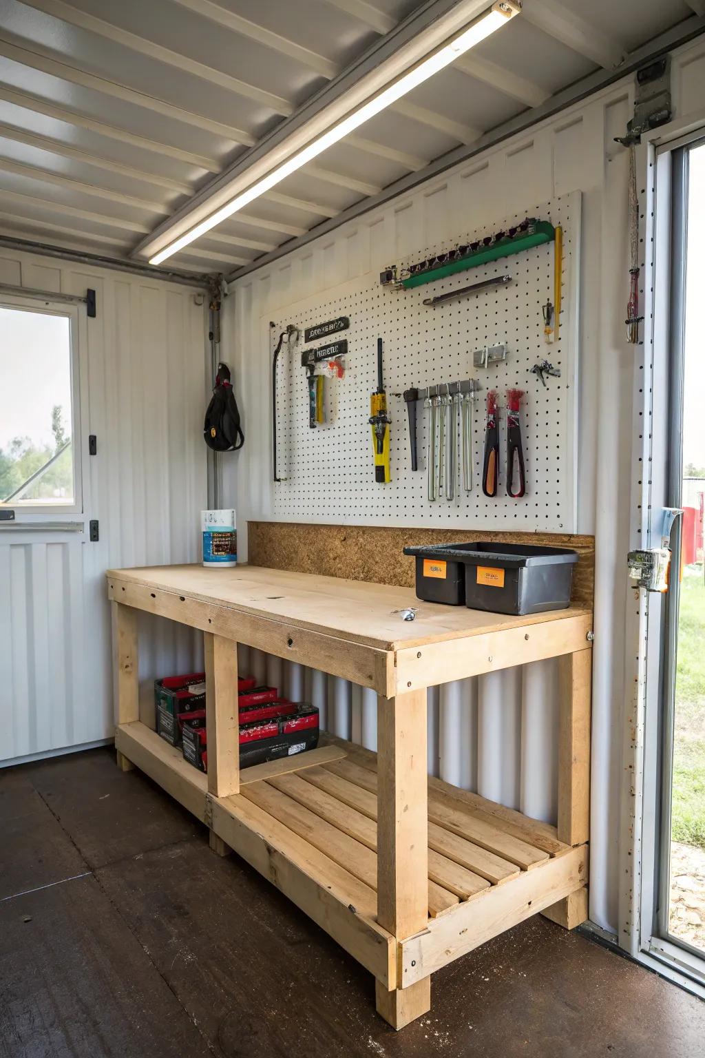 Establish your private workshop in a shipping container by incorporating a practical workbench.