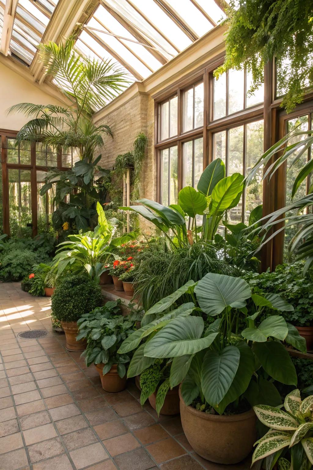 A thriving inside garden within a sunroom, showcasing a broad selection of plants.