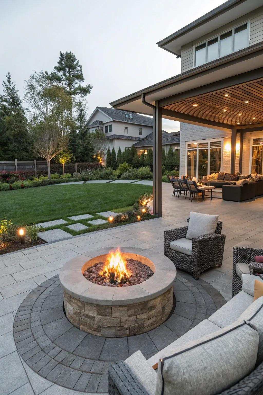 A cozy fire pit serving as the centerpiece of a modern patio.