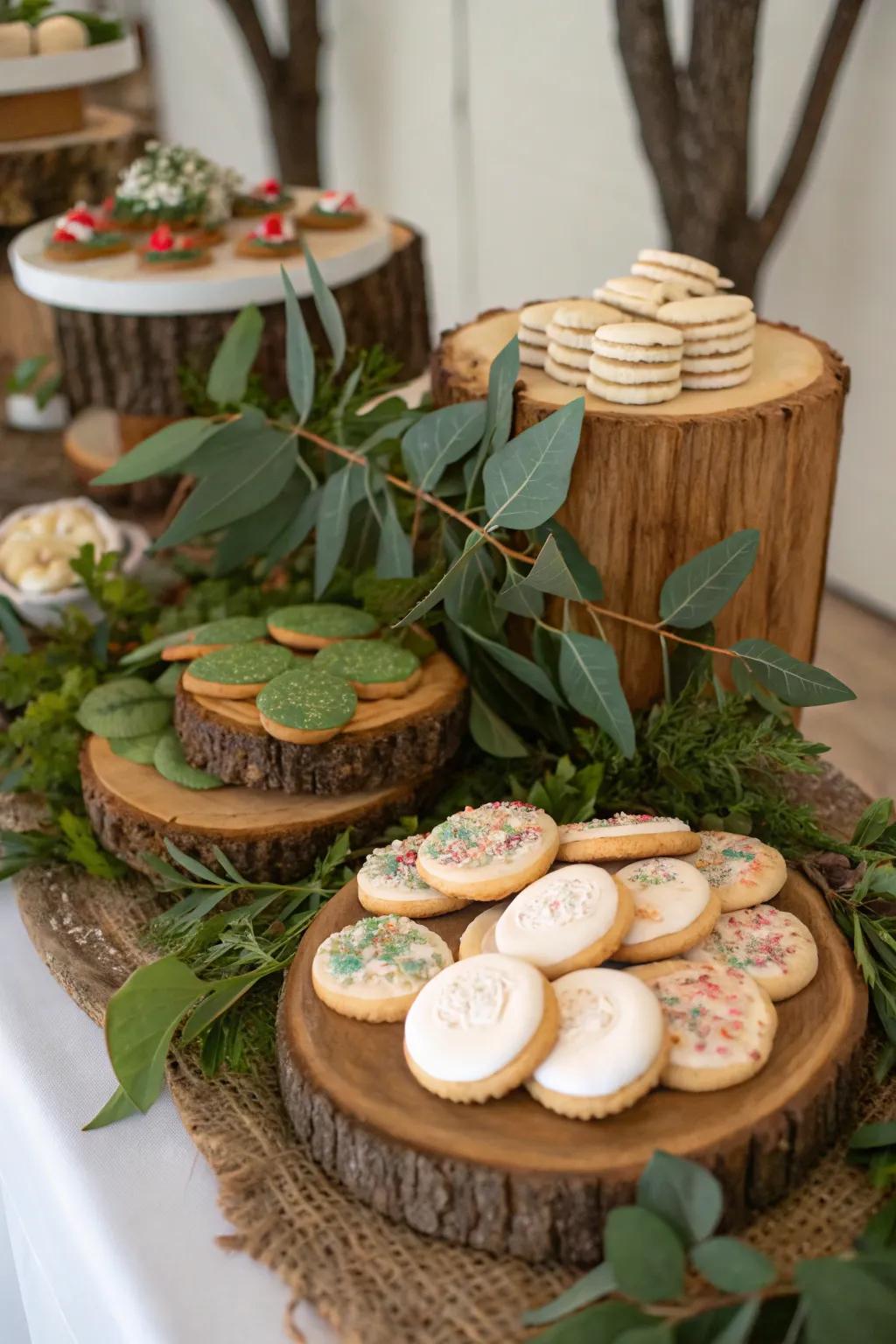 An organic arrangement incorporating wooden facets for a natural impression.