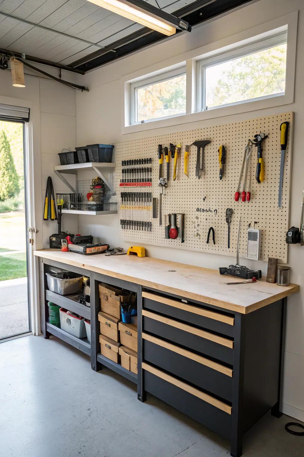 A creative workspace in the garage with a workbench and organized tool storage.