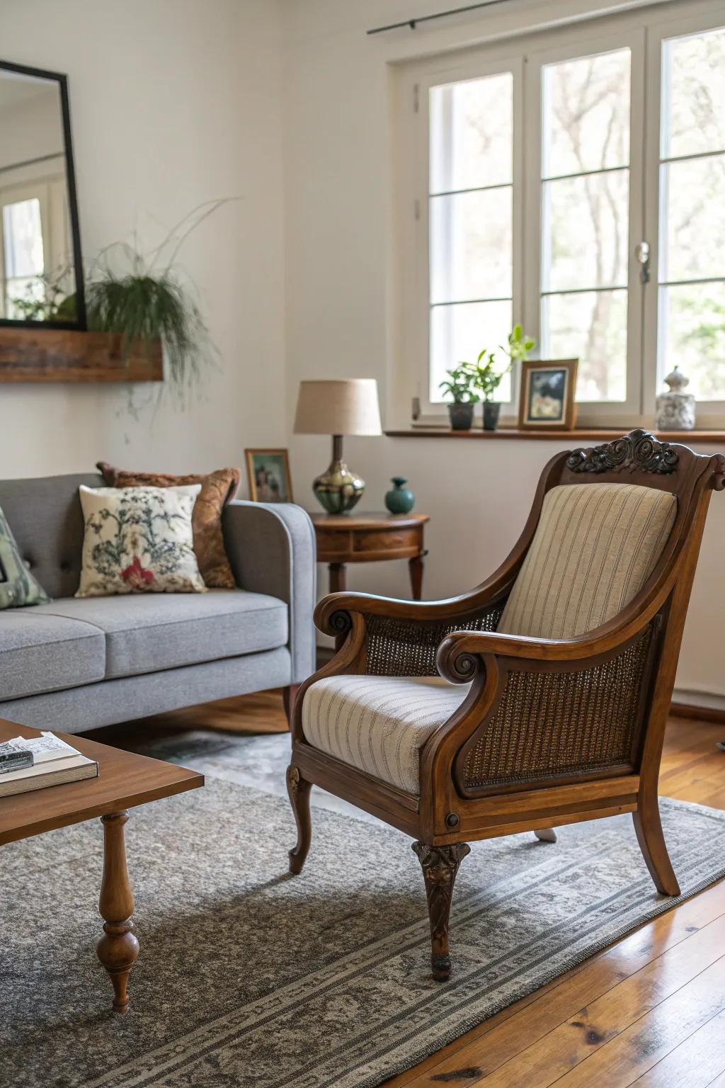 A thoughtfully planned living room with a mix of classic and modern furniture.