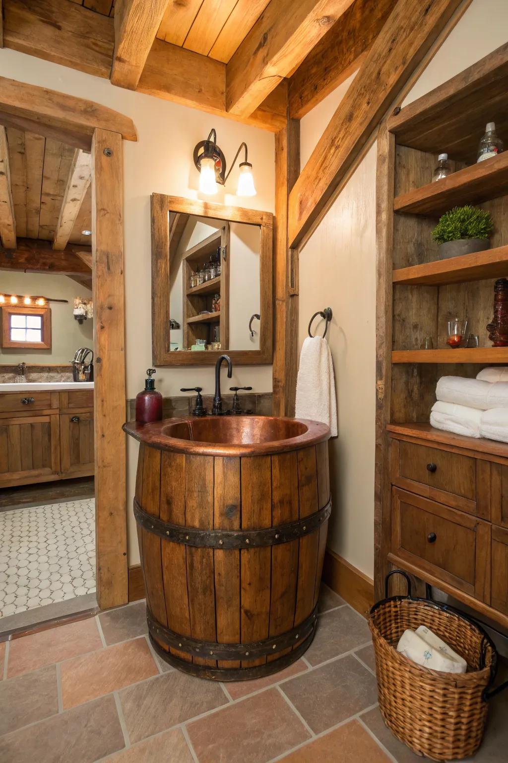 A copper cylindrical sink seamlessly merges rustic charm with sleek modernity in this bathroom setting.