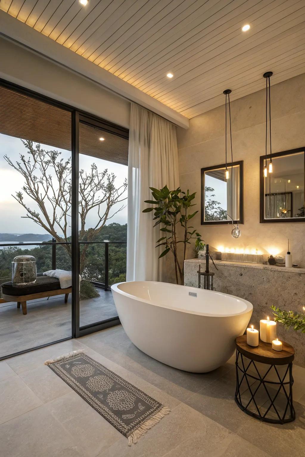 A corner bathtub offers a luxurious feel in compact spaces.