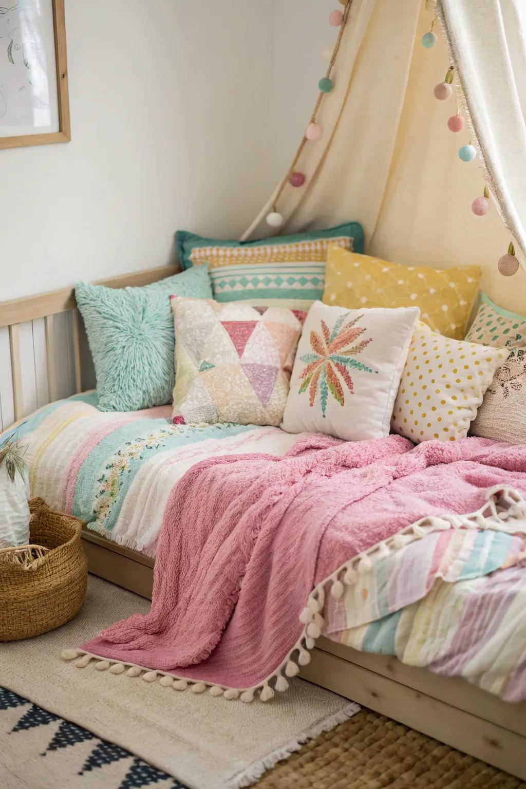 Change your corner bed into a cozy getaway using cushions and throws.