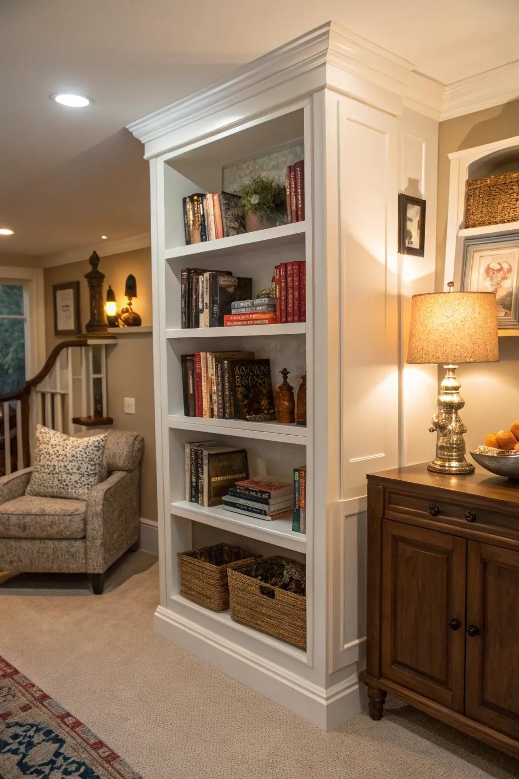 In-wall bookshelves provide a refined, personalized appearance.