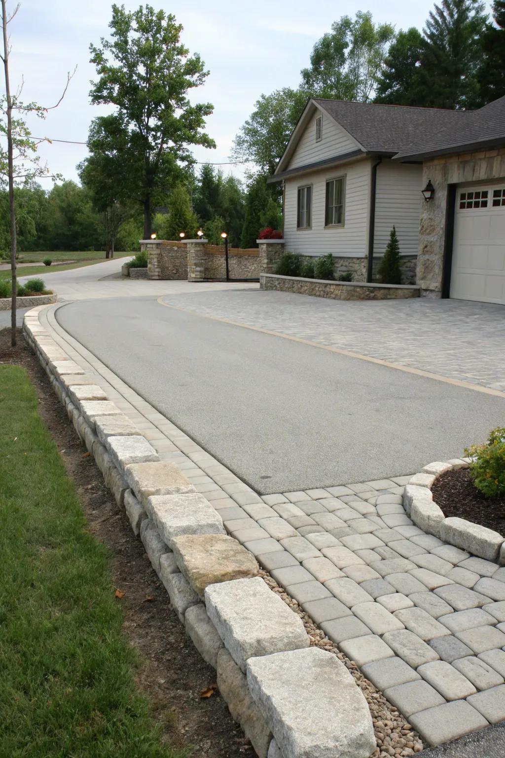 Chic stone borders impeccably framing the driveway's periphery.