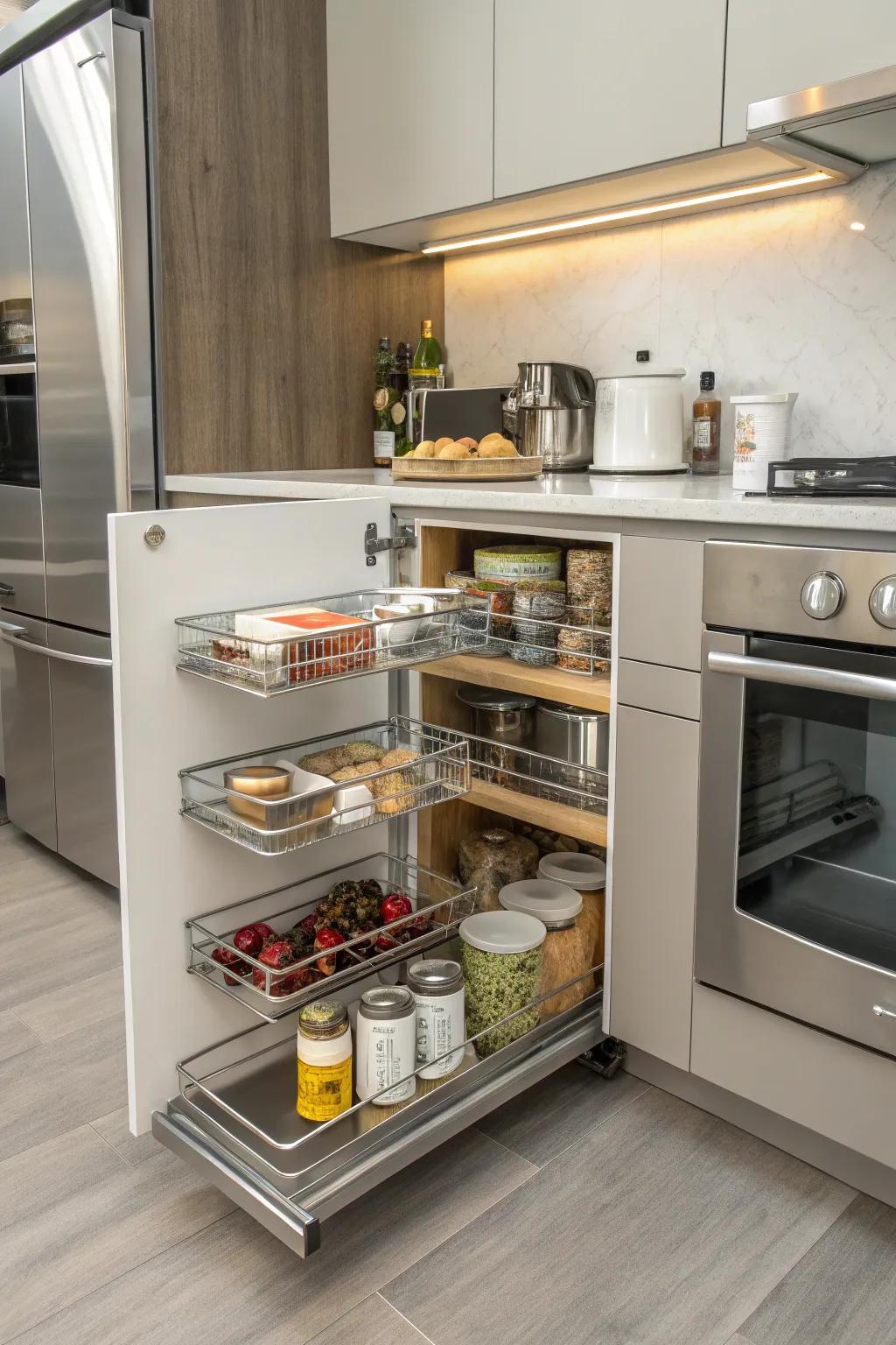 Pivoting extension shelves provide a streamlined solution for corner storage.