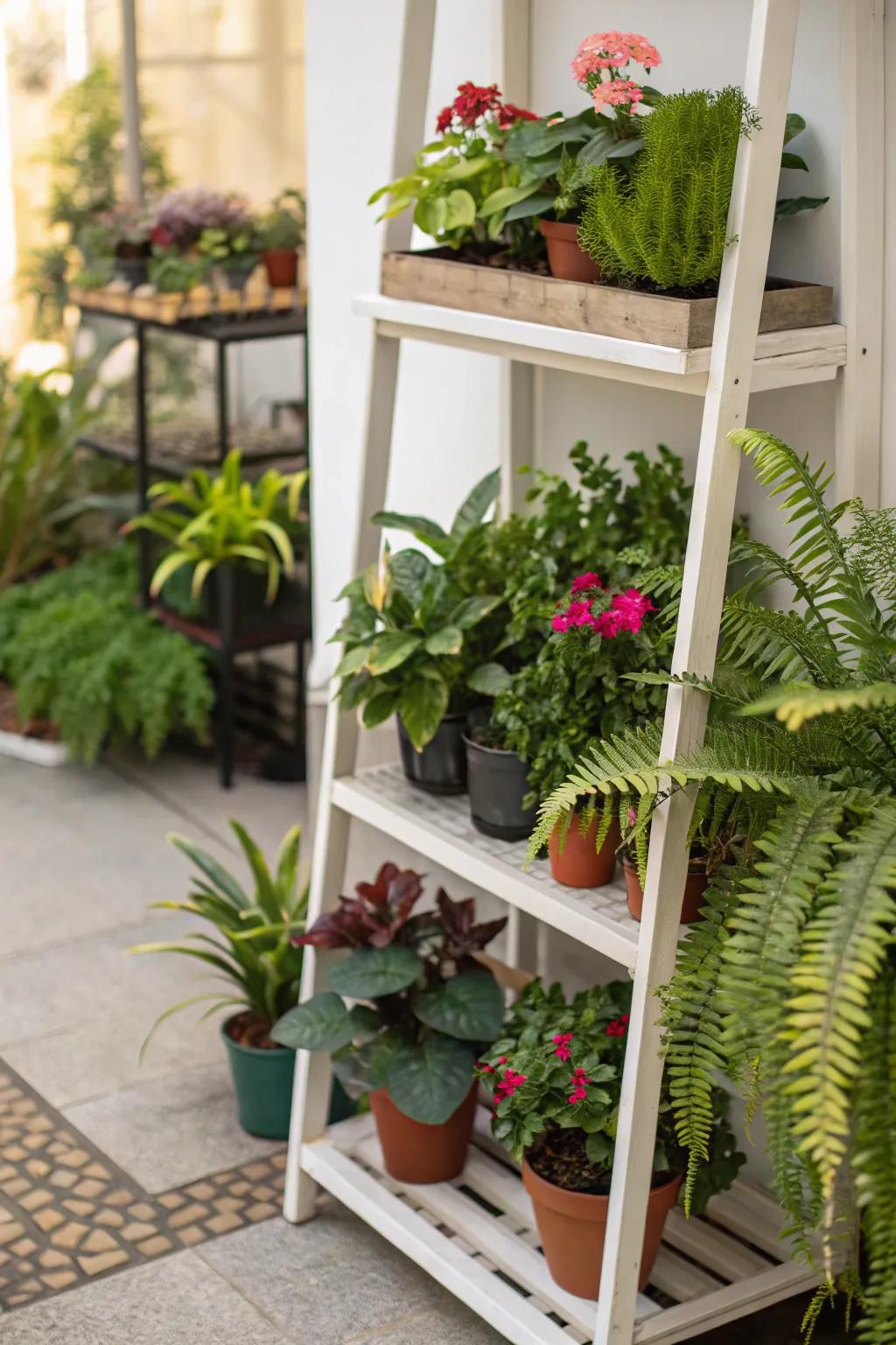 A corner shelf lush with potted plants.