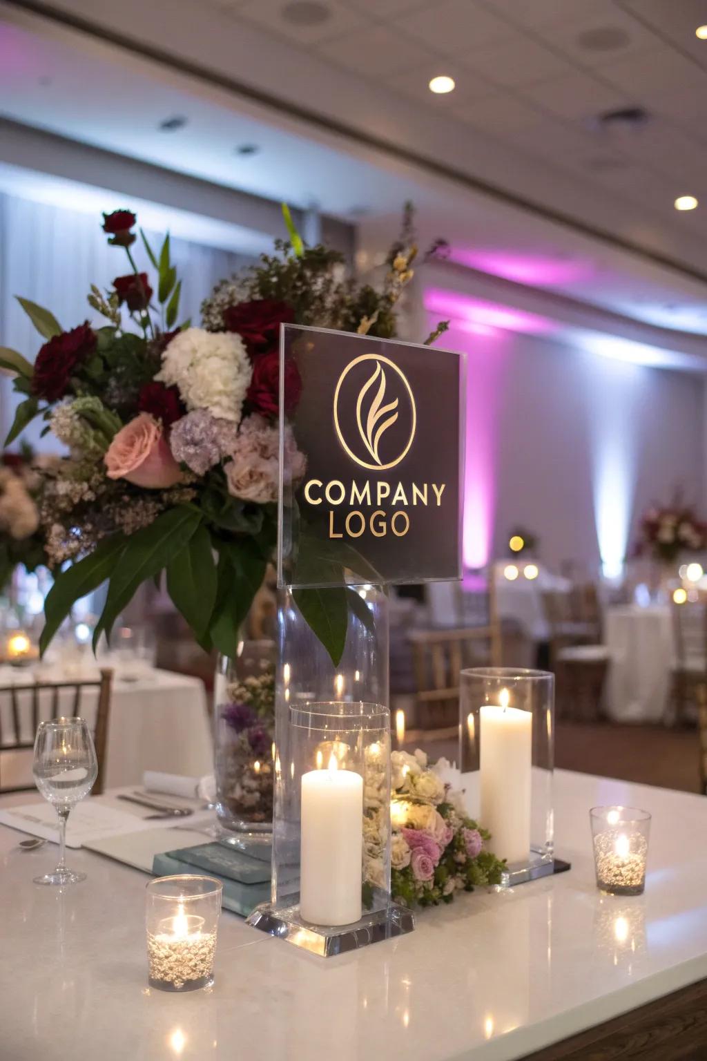 Corporate centerpiece with a personal touch, featuring the company's logo.