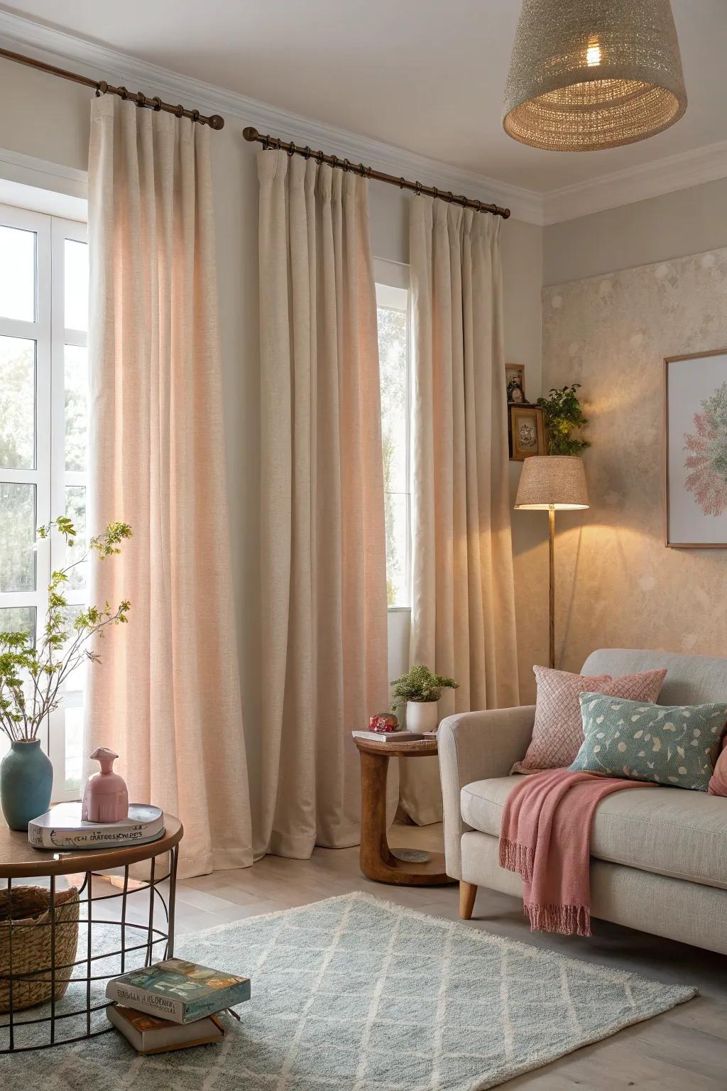 Muted colors in cottage curtains offer a soothing and harmonious vibe.