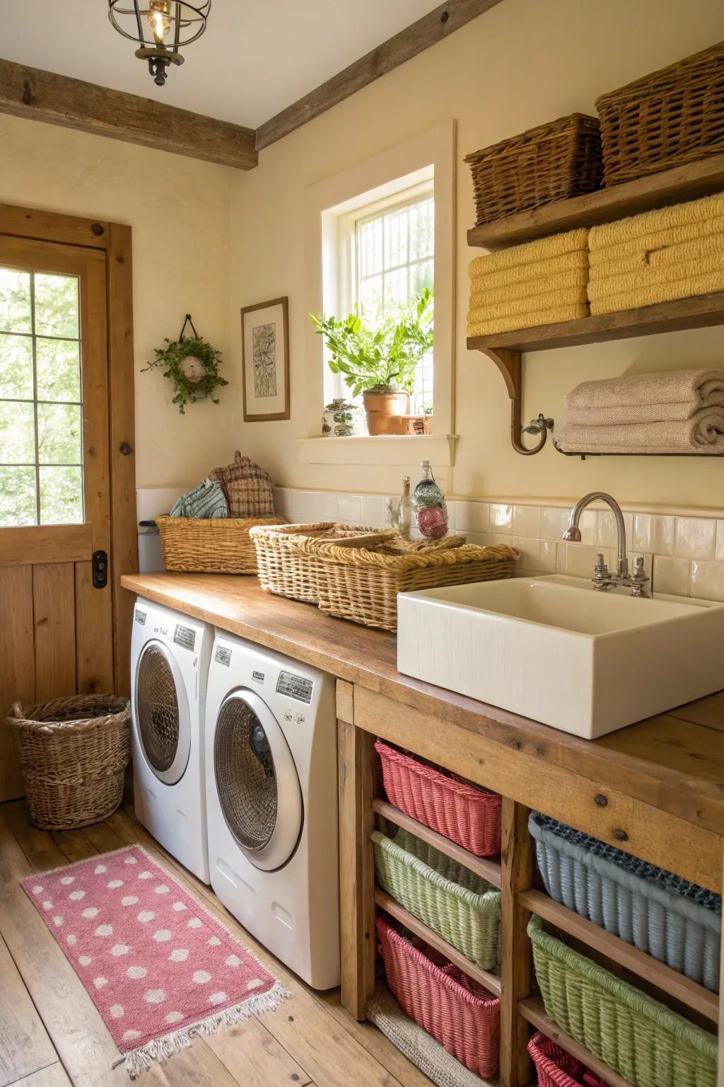 Wood counters offer a welcoming, functional surface for laundry tasks.