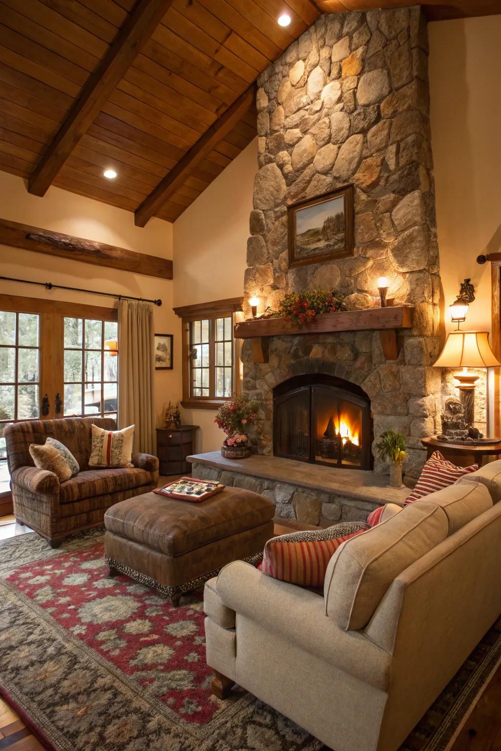 An expansive stone hearth becomes the key feature of the country living room.