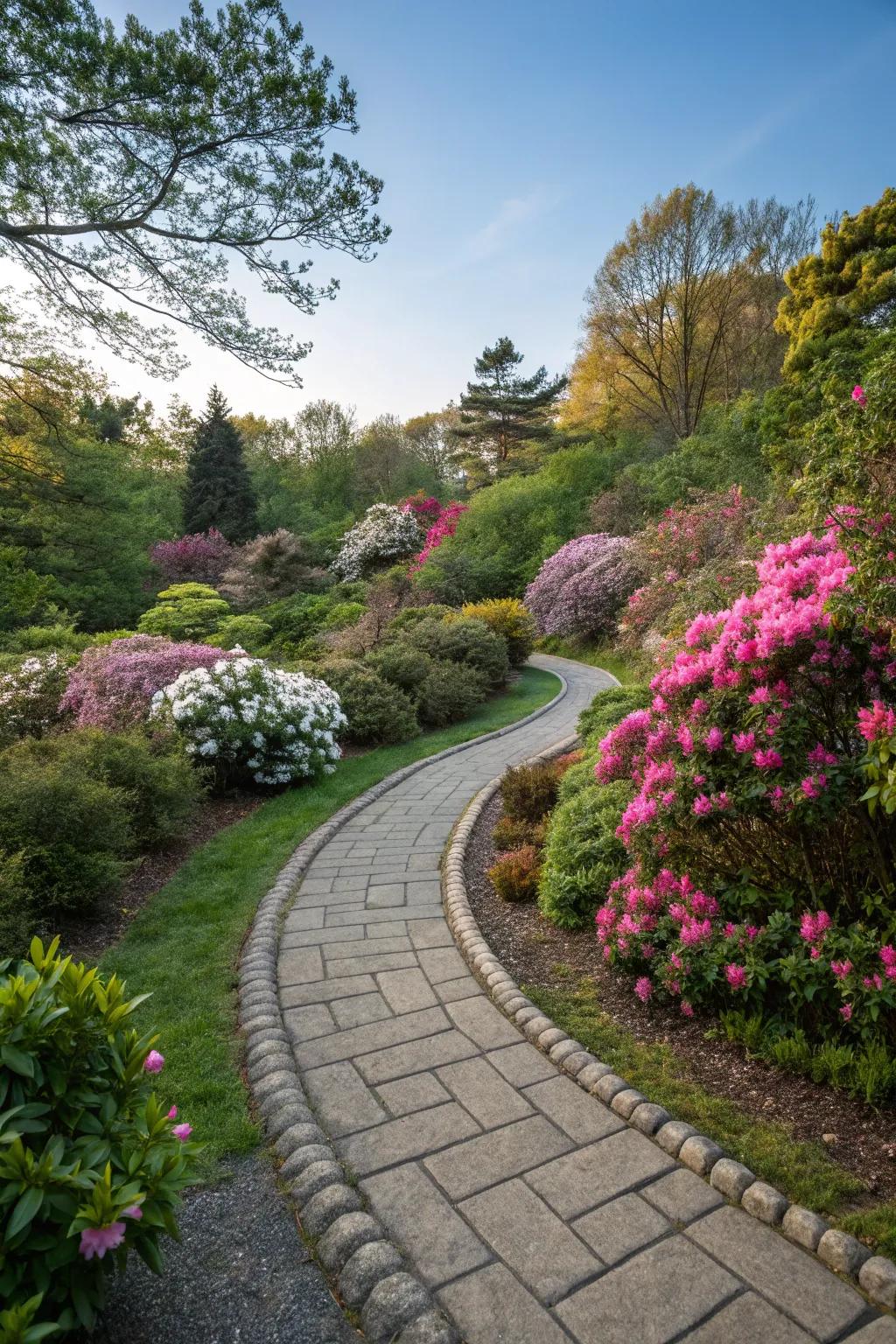 A charming stone path beckons exploration through the garden.
