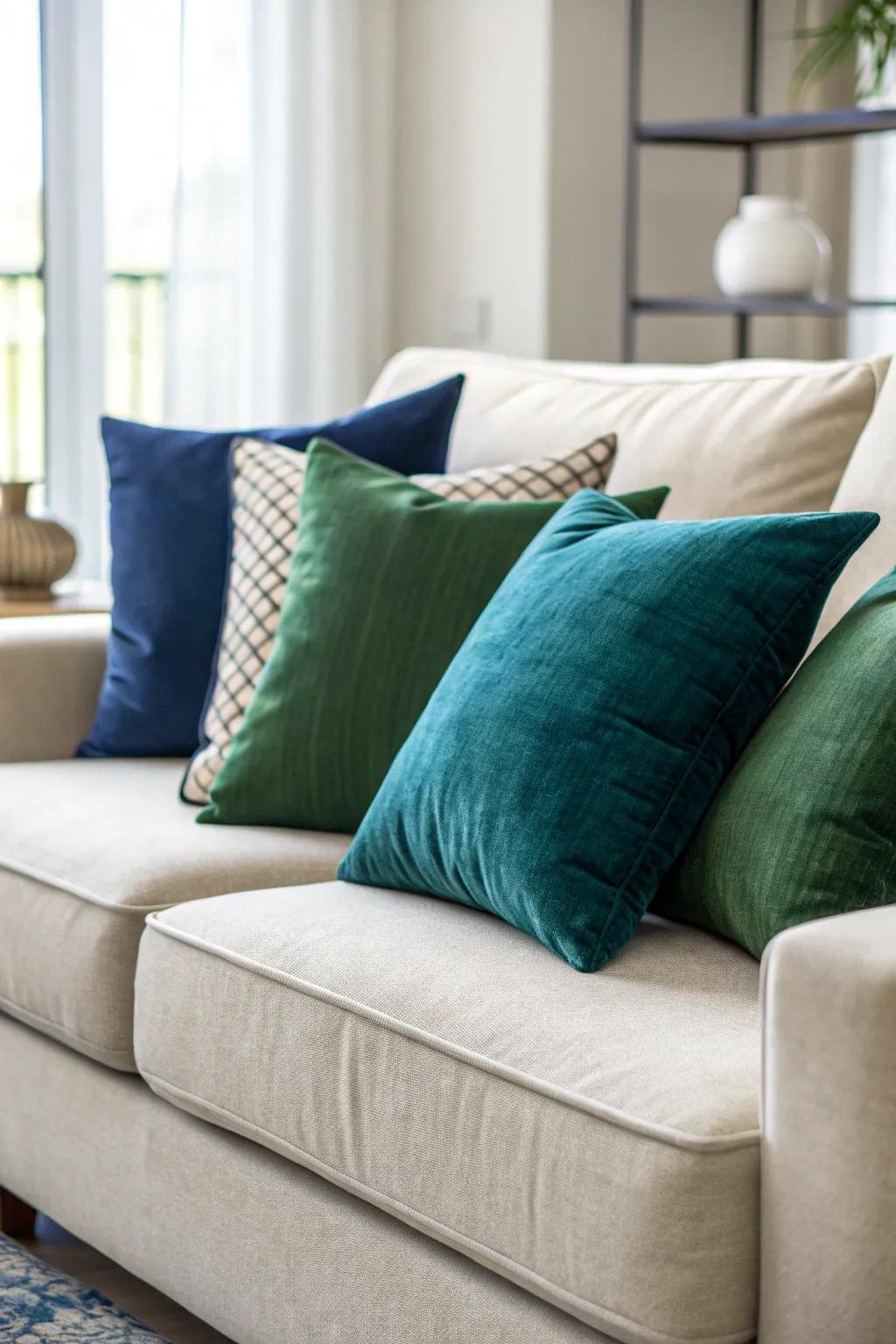 Hue-organized cushions fashion a tranquil visual appeal.