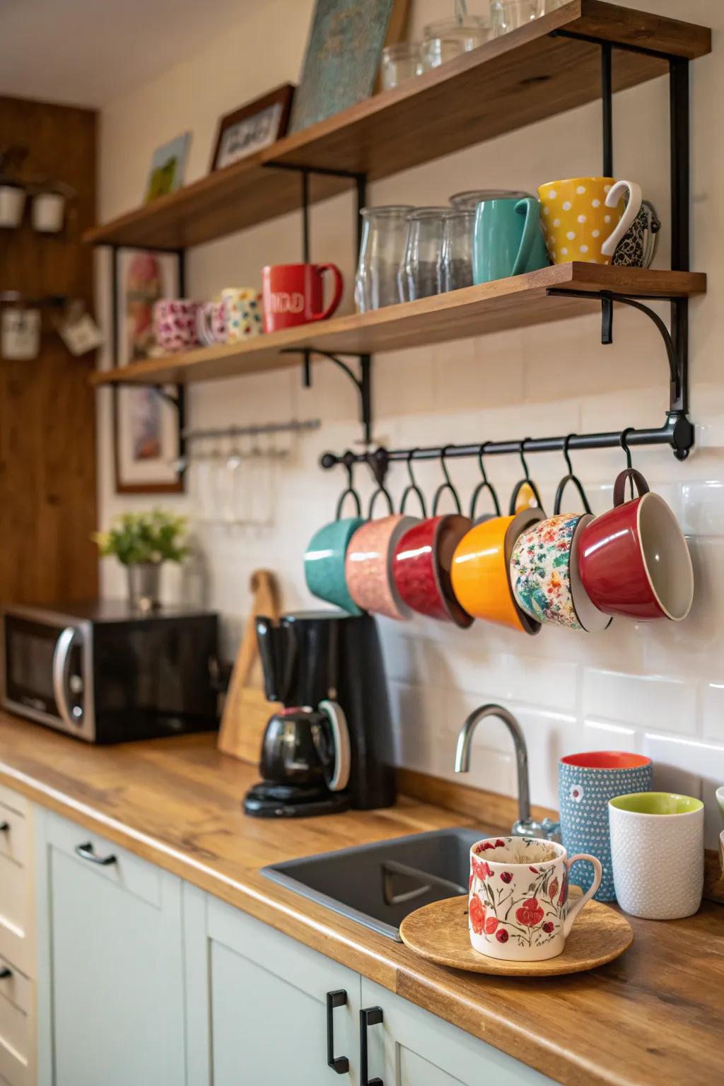 Display your favorite mugs for a coffee area that shows your style.