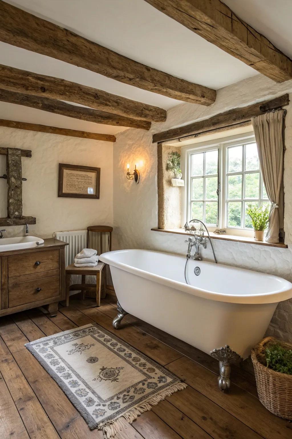 A freestanding clawfoot bathtub perfectly complements this rustic bathroom setting.