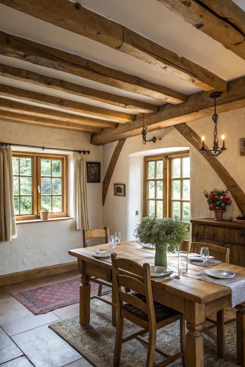 A rustic dining room featuring natural wooden beams and furniture.