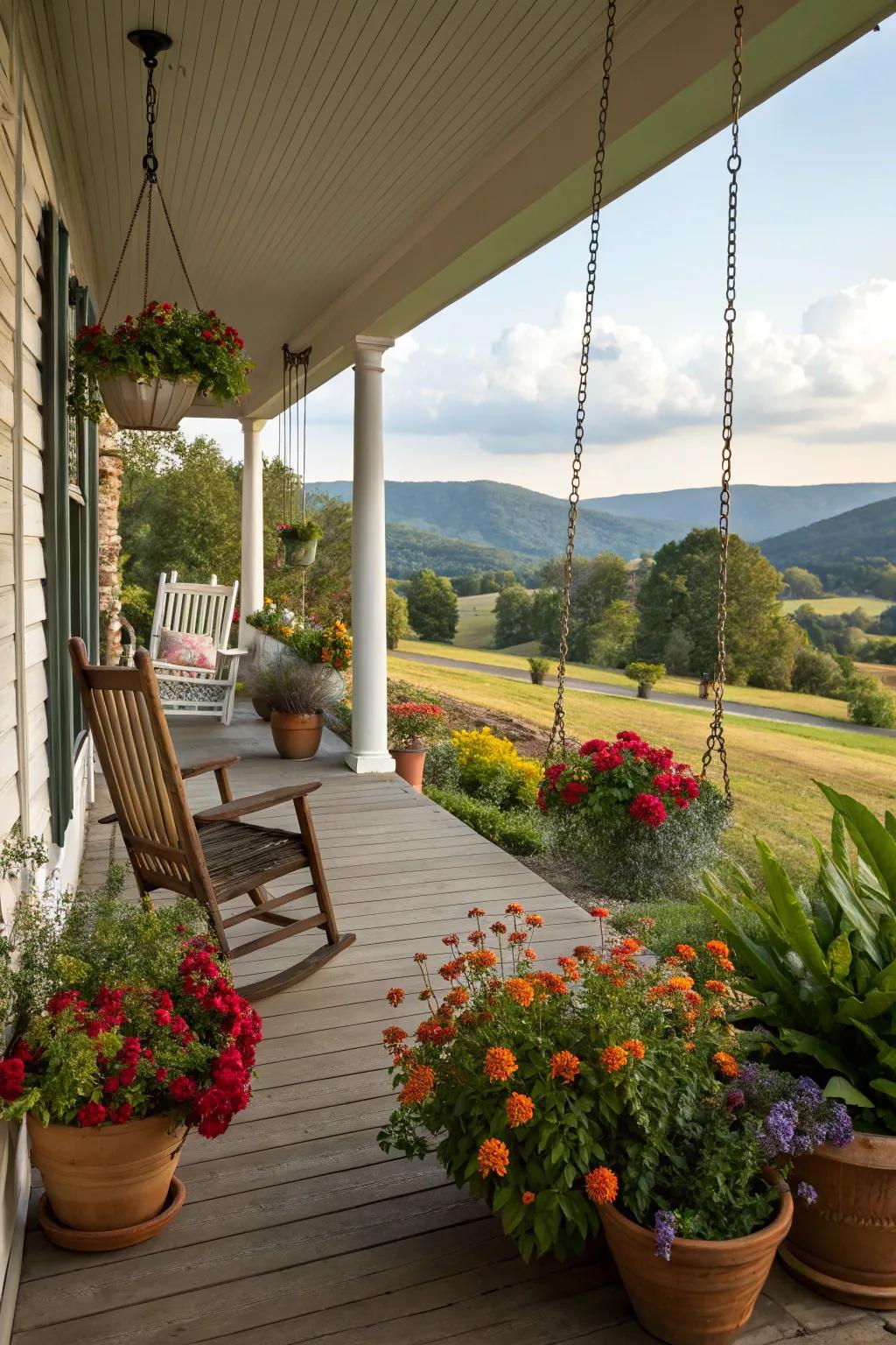 A vibrant display of potted plants adding life to a farmhouse porch.