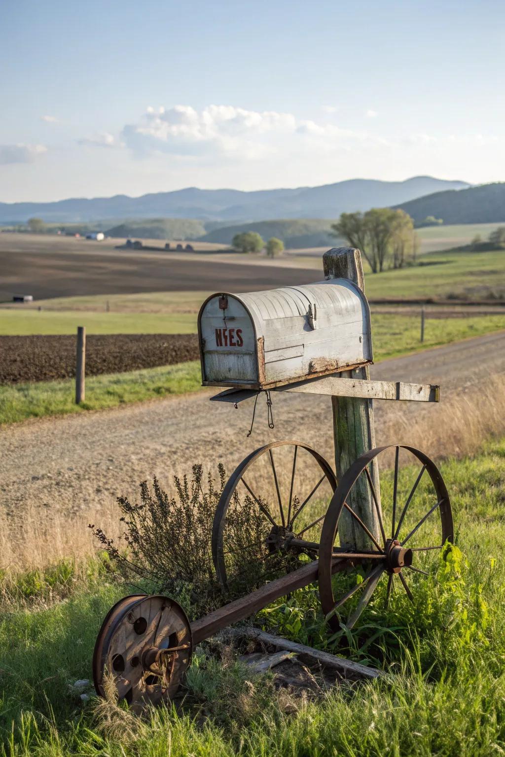 Repurposed agricultural equipment adds a touch of history to your mailbox.