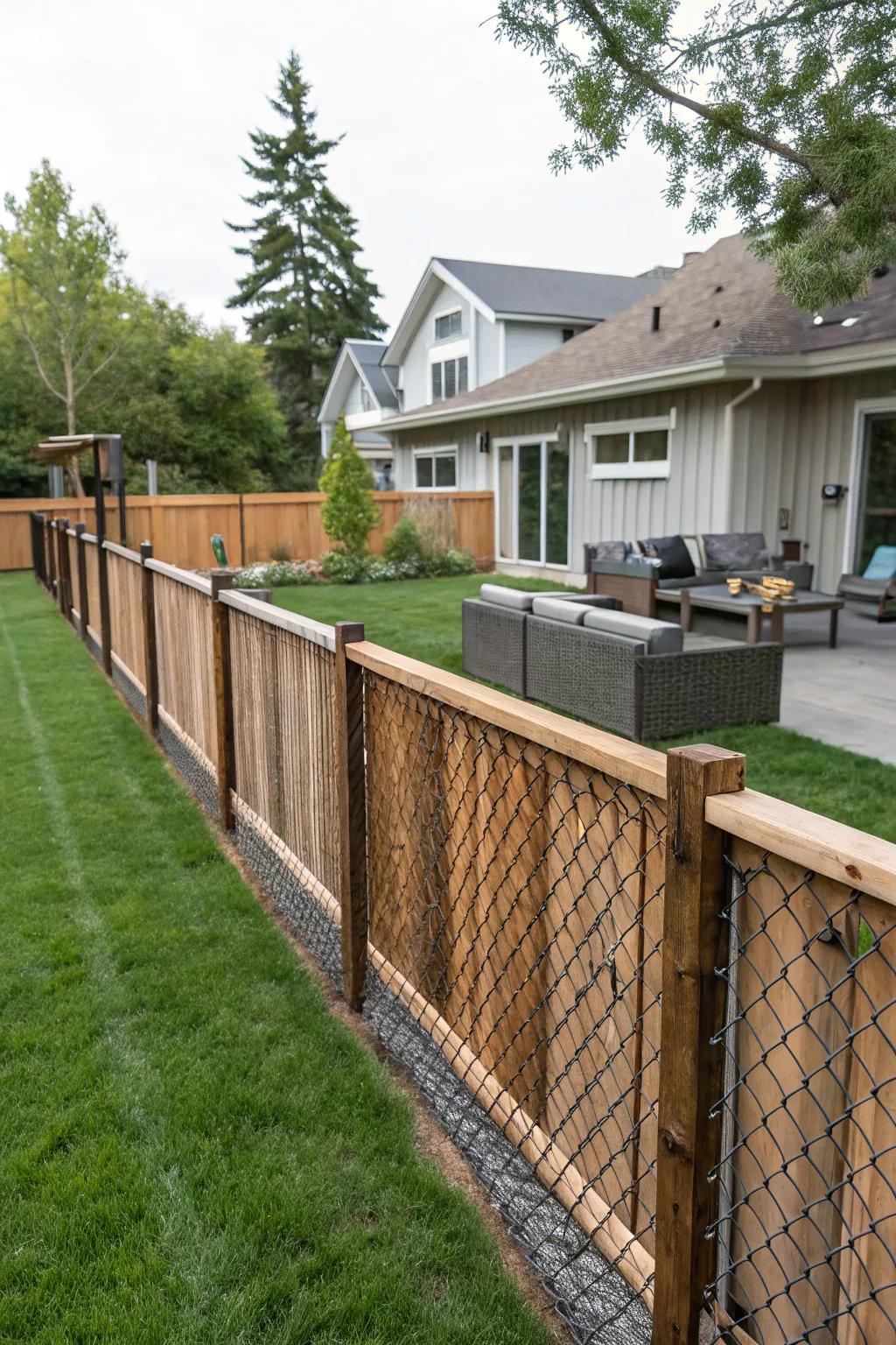 Upright planks and chain link segments provide a polished, fashionable variation on conventional fencing.