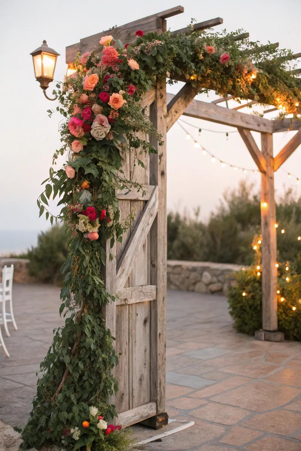 A timber entrance beautifully decorated with foliage and blossoms.