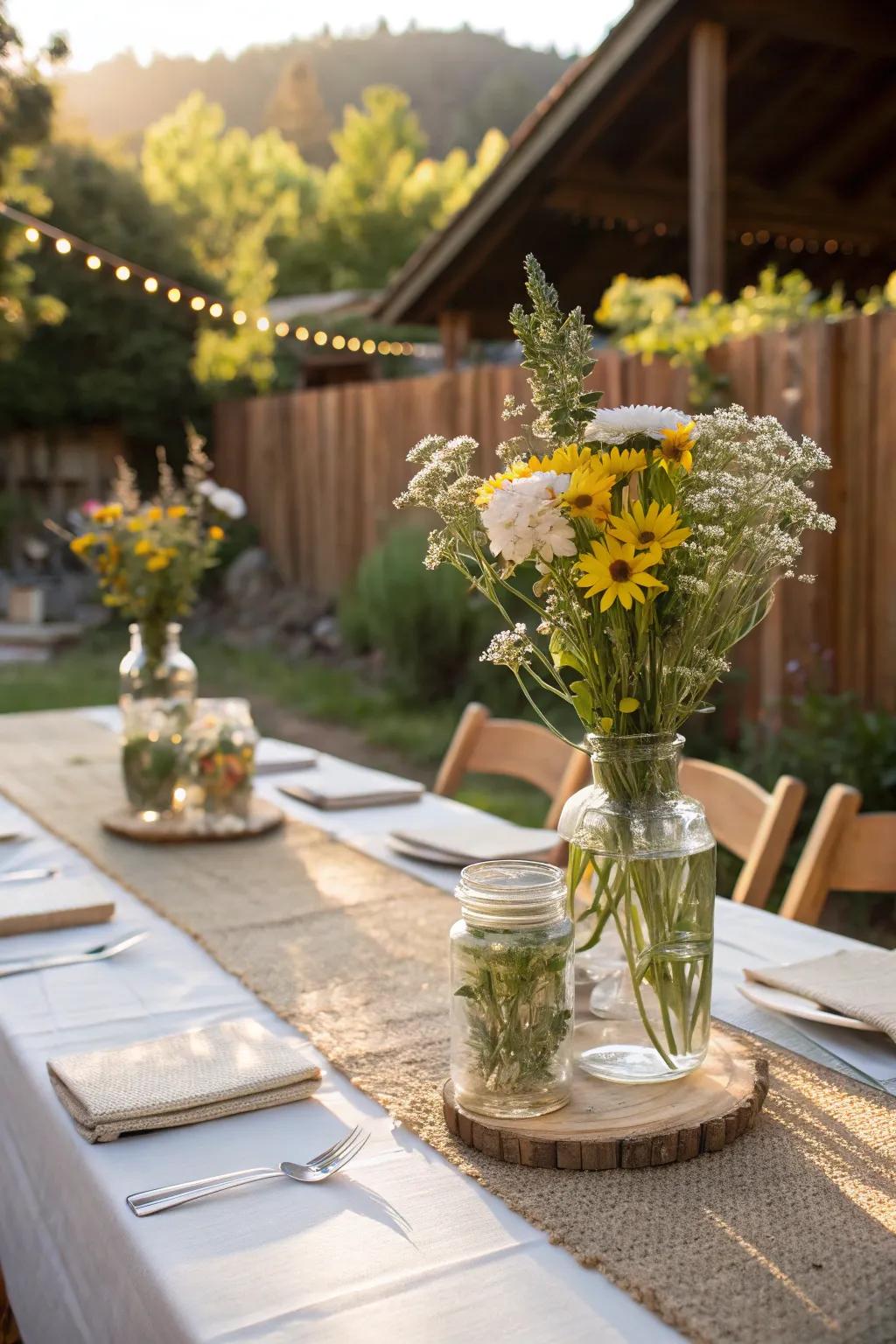Wildflower arrangements enhance the rustic beauty of a country wedding celebration.