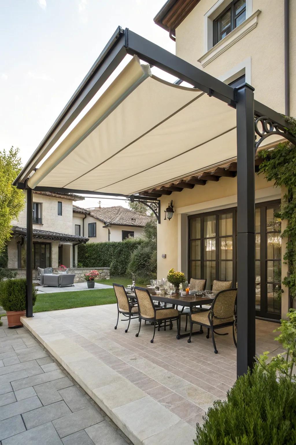 A retractable awning offers adaptable shade across a gorgeous eating space.