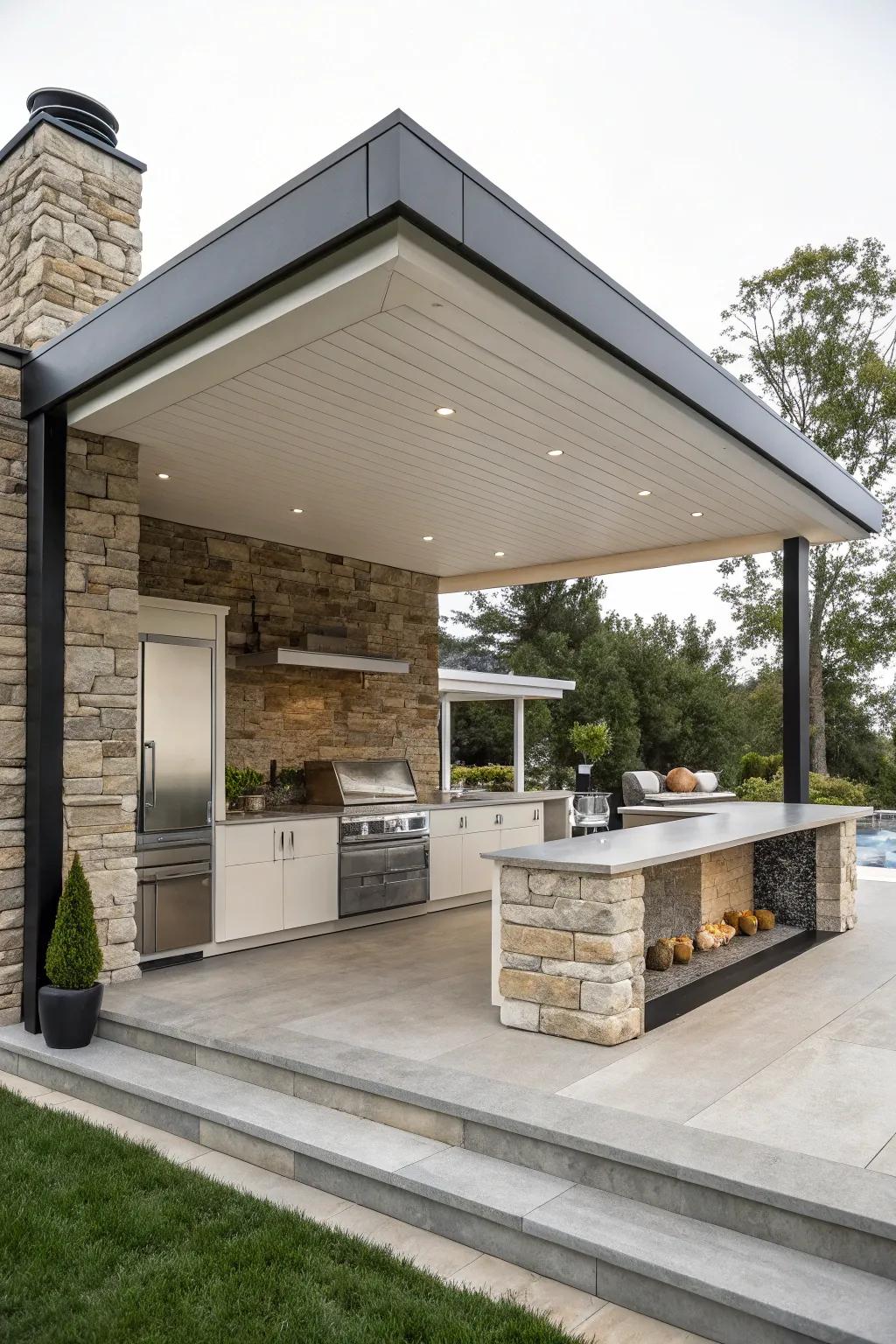 An elegant pavilion featuring stone accents for a state-of-the-art outdoor kitchen.