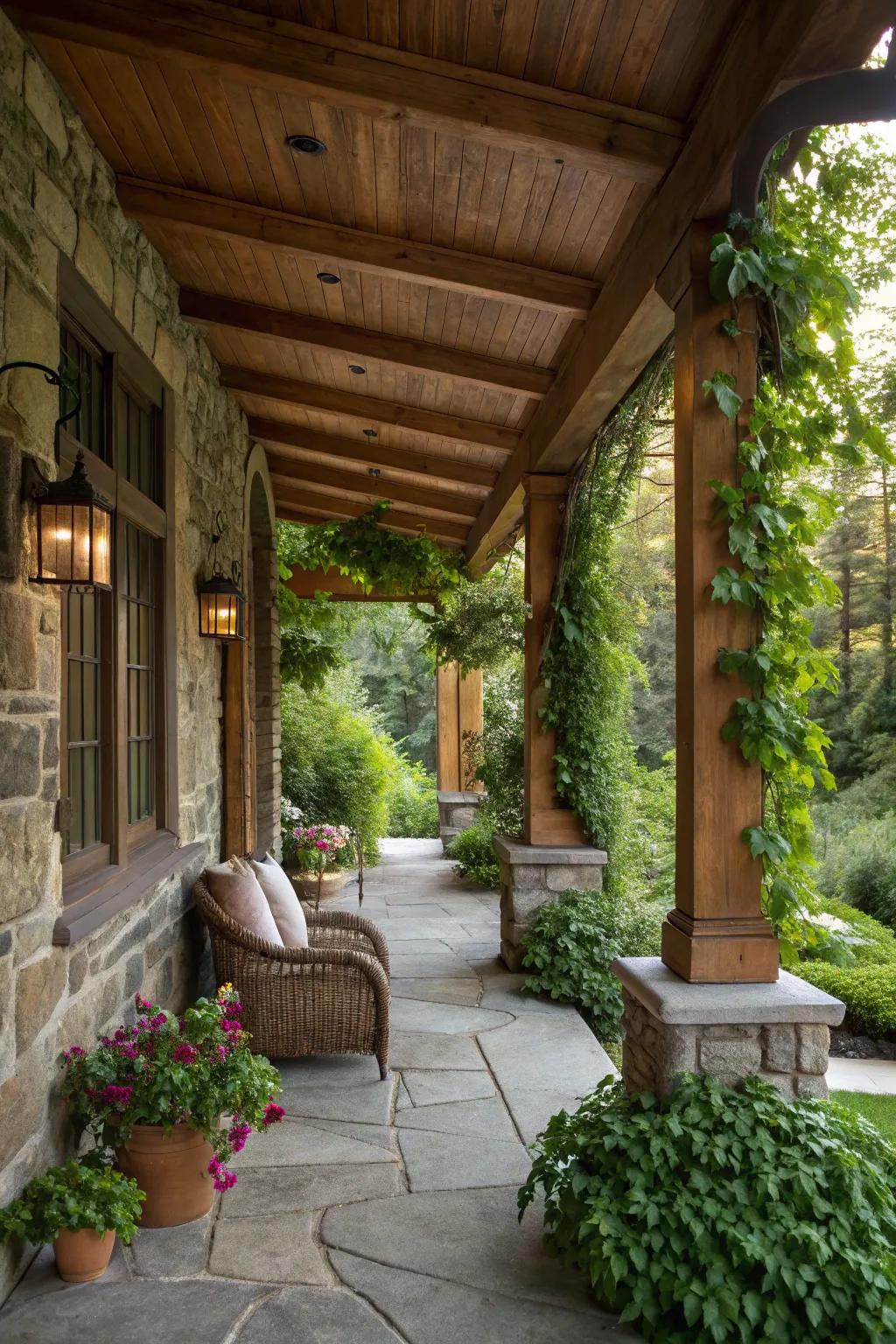 Natural elements contribute warmth and harmony to your porch atmosphere.