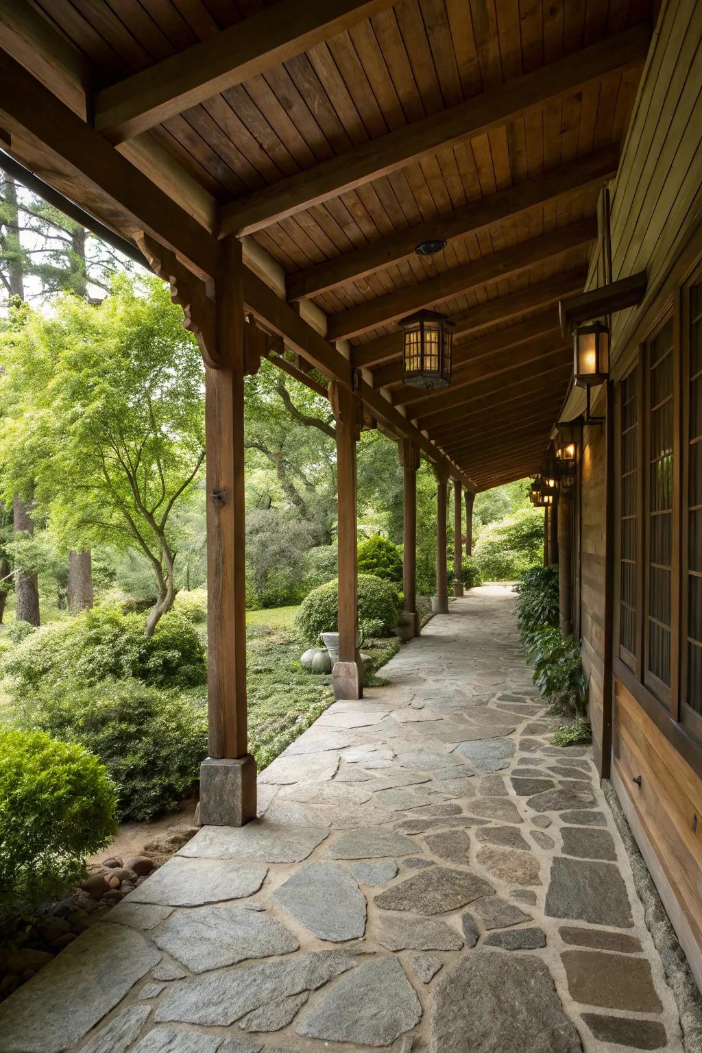 Natural materials such as wood and stone give warmth and texture.