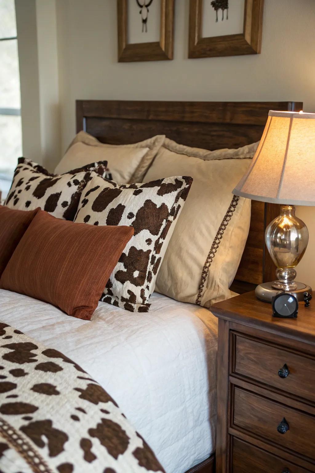 Cow print pillows add a stylish touch to any bedroom setup.