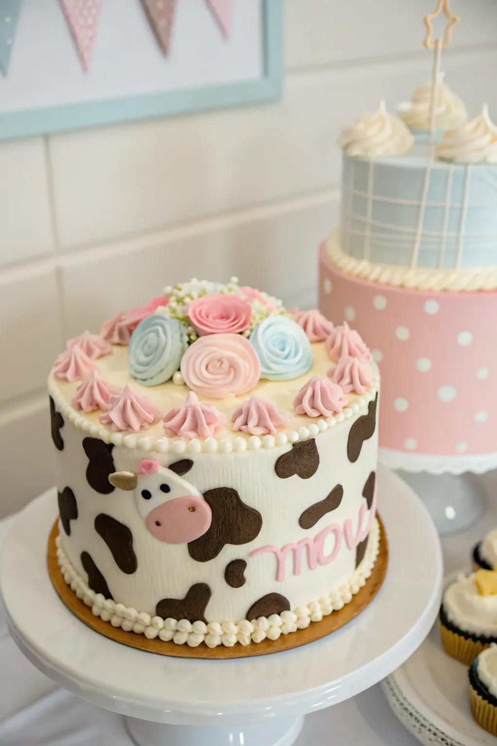 An eye-catching cow print cake that brings a playful element to any cowgirl baby shower.