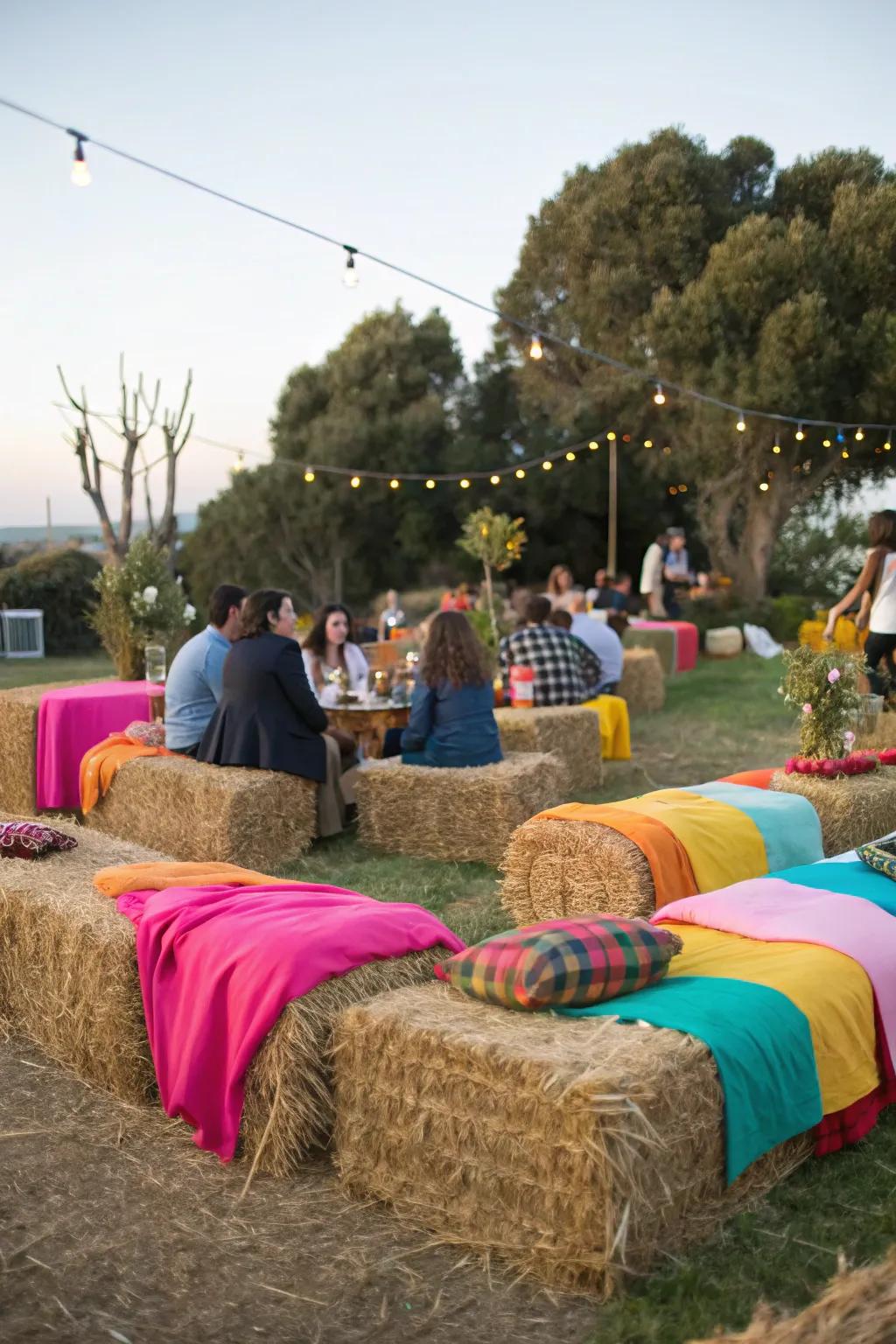 Hay bales offer rustic seating with a splash of color for a cozy gathering.