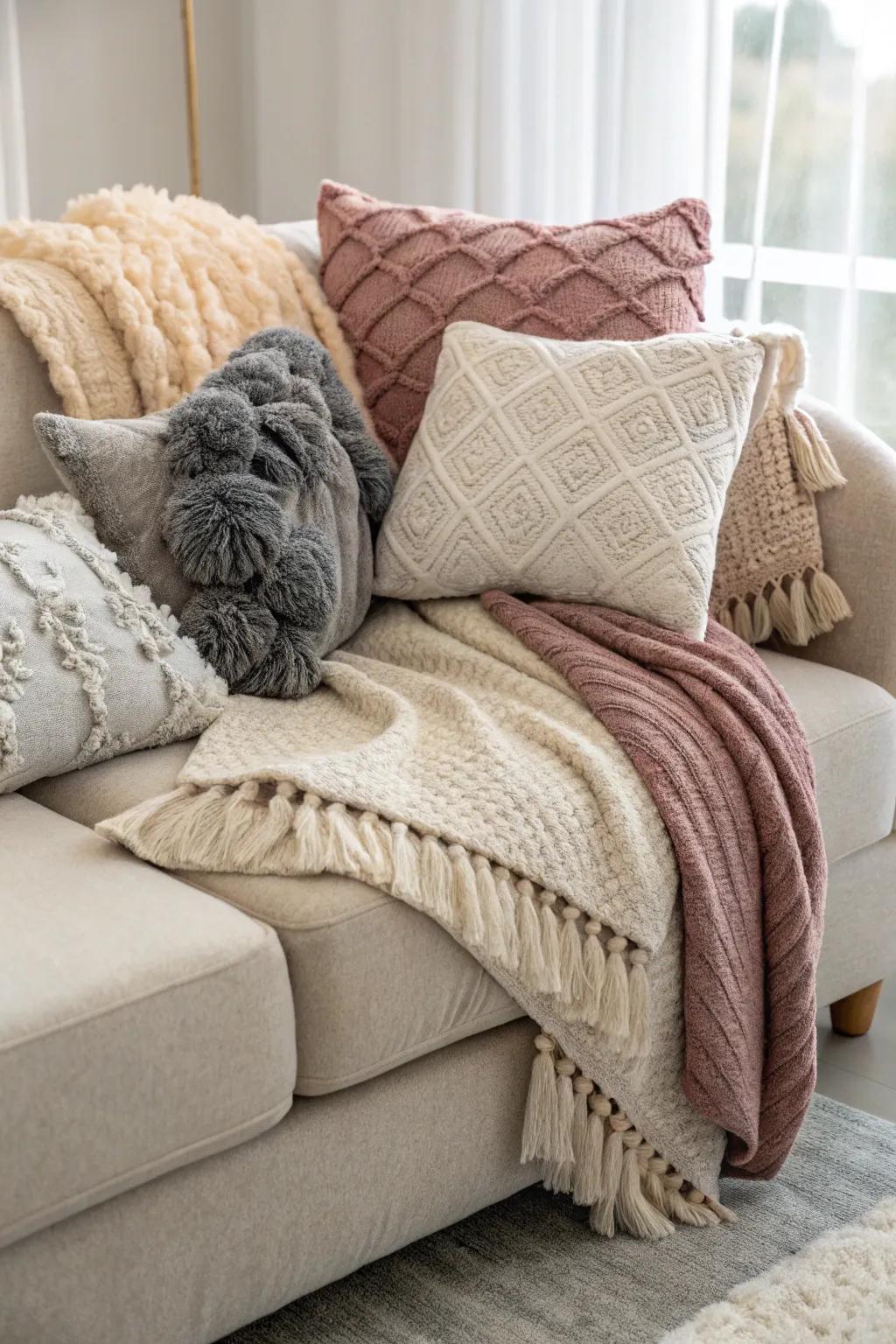 Layering various fabrics creates a welcoming and comfortable atmosphere.