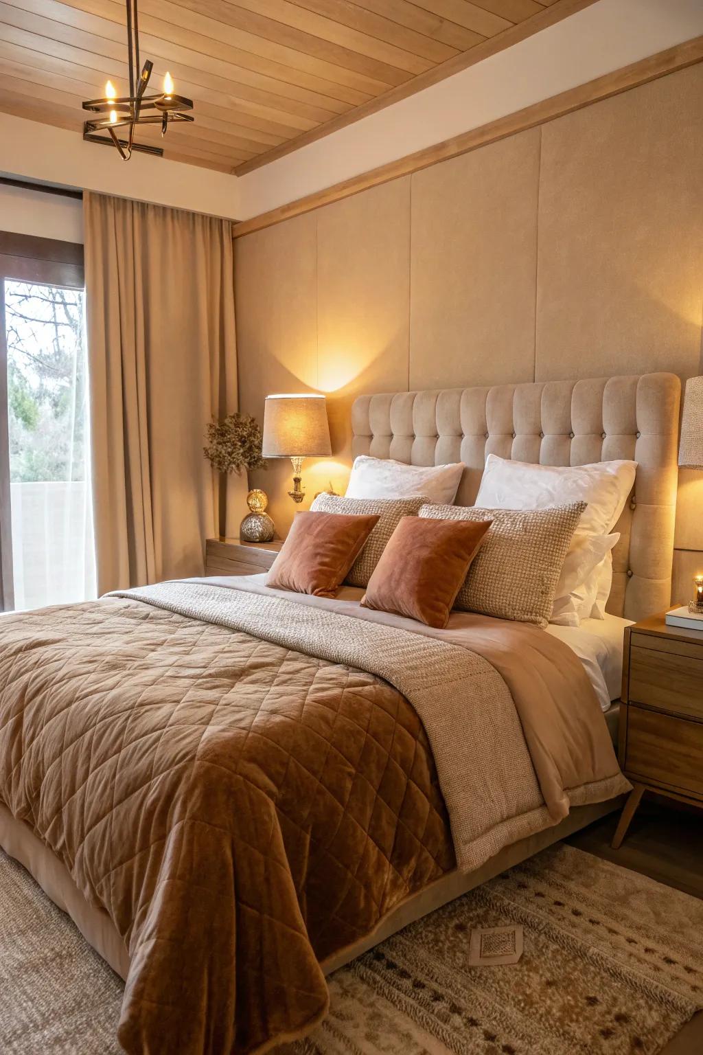 A comfortable resting quarter with welcoming toffee bed linen and also cozy surrounding lights.