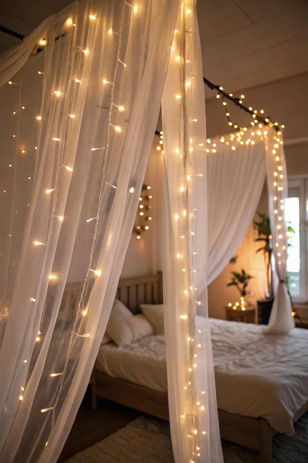 Twinkle lights intertwined with gossamer fabrics in a bedroom setting.