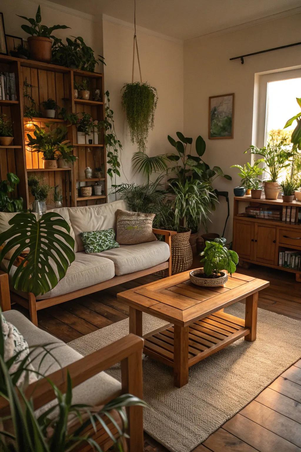 Organic elements like plants and wooden furniture enhance a room’s warmth and freshness.